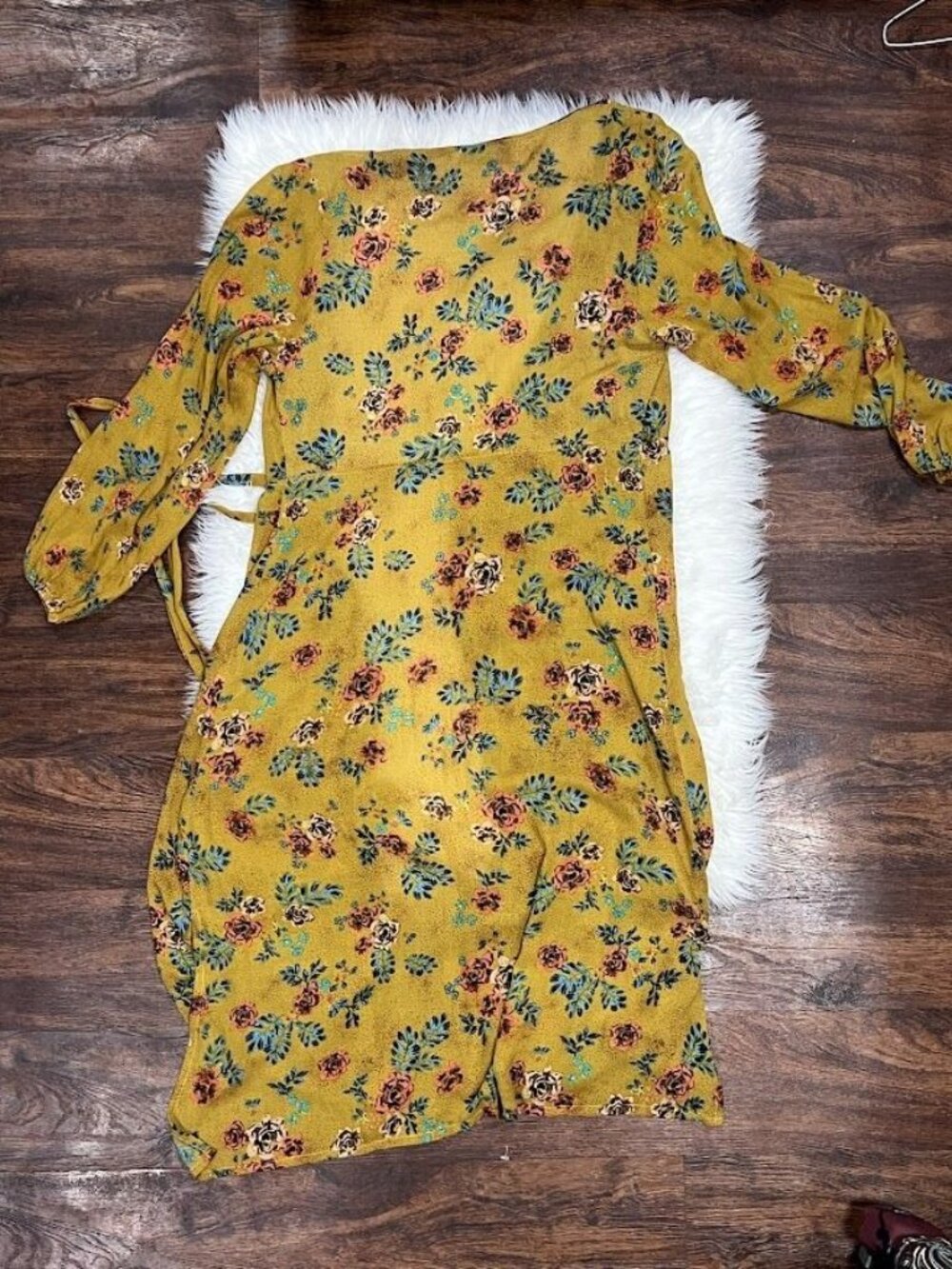 Floral Yellow Wrap Midi Dress M With Tie Waist & Long Sleeves - Picture 3 of 8